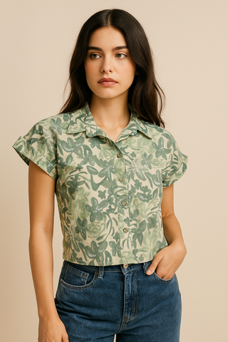 Blusa camisa verde estampado floral