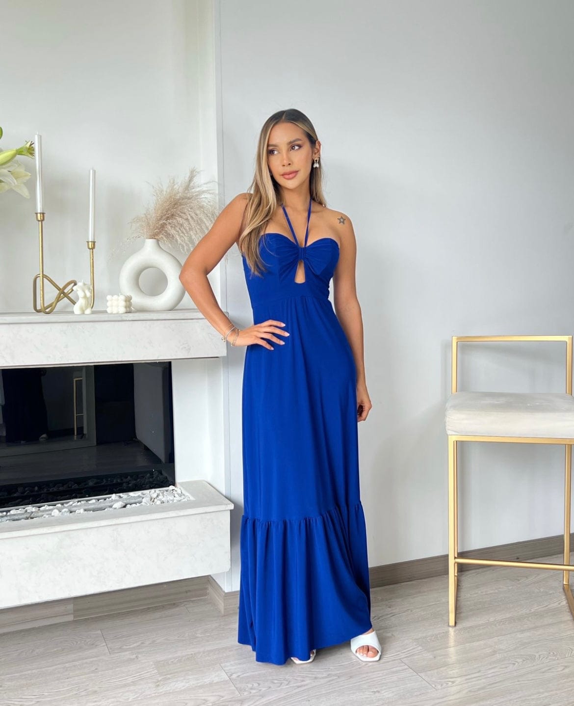 Vestido largo strapless azul