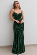 Vestido de Fiesta Largo Verde Botella con Lentejuelas Elegante | August