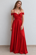 Vestido de Fiesta Largo Rojo Satinado Cuello Bandeja |  August