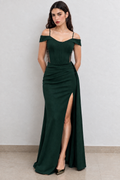 Vestido de Fiesta Largo Verde Botella con Transparencias Corte Sirena | August