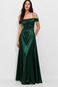 Vestido de Fiesta Largo Verde Esmeralda Satinado Cuello Bandeja  | August