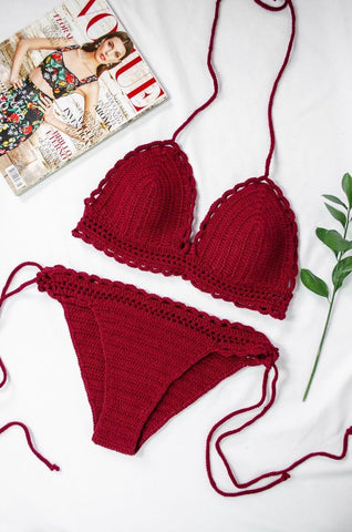 Vestido de Baño Bikini Tejido Crochet Rojo Vino